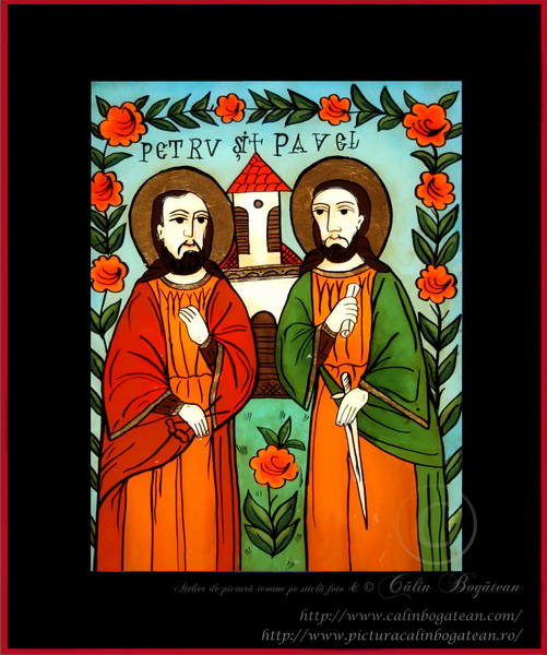 Sfintii Petru si Pavel icoană tradițională țărănească Icoană pictată pe sticlă, Roxana Bogătean, pictură naivă, artă românească, icoană pe sticlă, pictură în ulei, de vânzare, la comandă