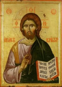 Icoană pictată pe lemn cu Iisus Hristos cu aureola conturată pictură cu Mântuitorul