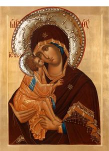 Icoană pictată pe lemn cu Maica Domnului cu aureola SCULPTATĂ pictură cu Fecioara Maria cu pruncul Iisus