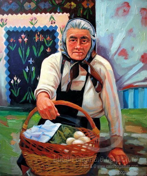 Femeia cu coş cu ouă portret de femeie pictură în ulei pe pânză