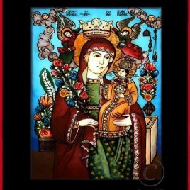 Maica Domnului floarea nevestejită, floarea nepieritoare, coană tradițională țărănească Icoană pictată pe sticlă, Roxana Bogătean, pictură naivă, artă românească, icoană pe sticlă, pictură în ulei, de vânzare, la comandă