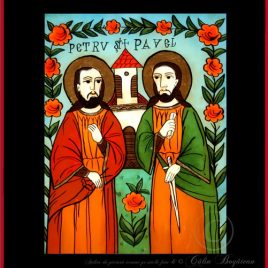 Sfintii Petru si Pavel icoană tradițională țărănească Icoană pictată pe sticlă, Roxana Bogătean, pictură naivă, artă românească, icoană pe sticlă, pictură în ulei, de vânzare, la comandă