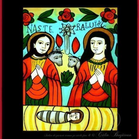 Nașterea Dmnului Iisus Hristos icoană tradițională, Icoană pictată pe sticlă, Roxana Bogătean, pictură naivă, artă românească, icoană pe sticlă, pictură în ulei, de vânzare, la comandă, Nașterea Dmnului Nașterea Dmnului