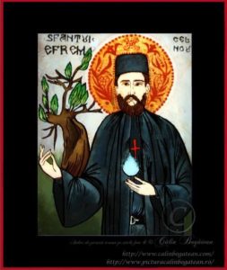 Sfântul Efrem cel Nou icoană tradițională țărănească Icoană pictată pe sticlă, Roxana Bogătean, pictură naivă, artă românească, icoană pe sticlă, pictură în ulei, de vânzare, la comandă