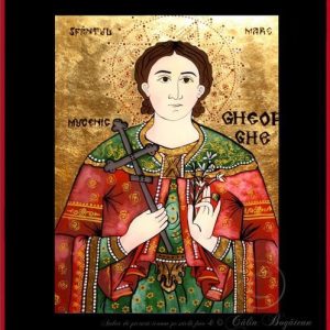 Sfântul Mare mucenic Gheorghe icoană tradițională țărănească Icoană pictată pe sticlă, Roxana Bogătean, pictură naivă, artă românească, icoană pe sticlă, pictură în ulei, de vânzare, la comandă