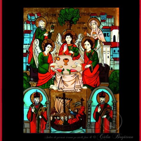 Sfânta Treime Sfânta Troiţă, Filoxenia, Cina de la Mamvri icoană tradițională pictată pe sticlă, pictură naivă, artă țărănească românească, icoană pe sticlă, pictură în ulei, de vânzare, la comandă, iconar Roxana Bogătean