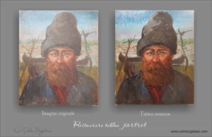Restaurare tablou portret de țăran pictură în ulei pe pânză