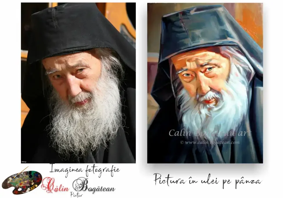 portret în ulei pe pânză al Părintelui Petroniu din Athos, realizat manual după fotografie. Portret în creion după fotografie, portret în ulei realist, tablou portret personalizat.