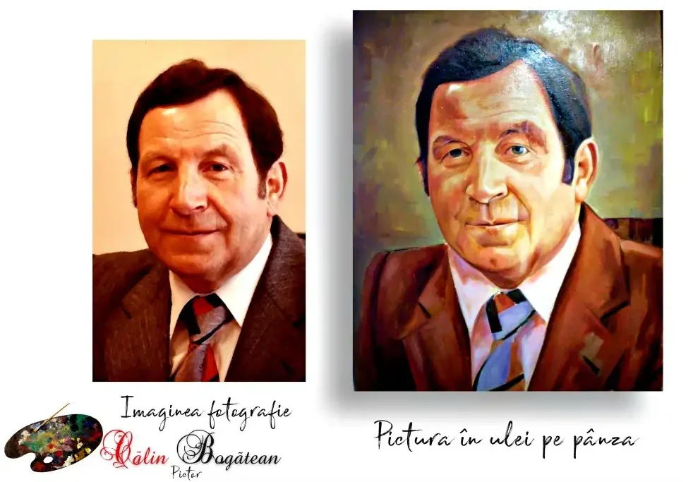 portret de bărbat realizat manual în creion sau ulei pe pânză, după fotografie. Portret în creion după fotografie, portret în ulei realist, tablou portret personalizat.
