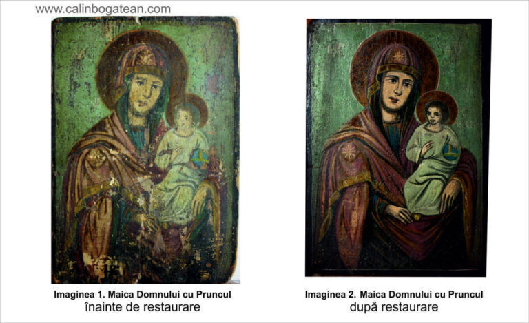 Restaurare  icoană Maica Domnului cu Pruncul pe fundal verde