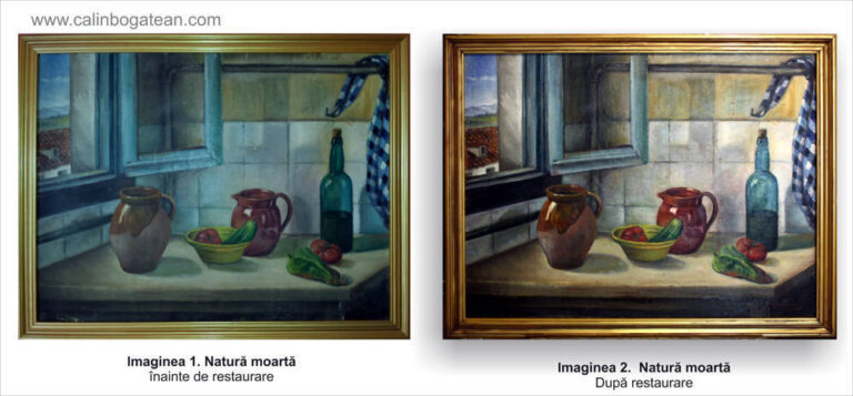 Restaurare tablou natură statică cu ulcele și sticle