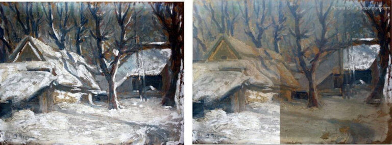Restaurare pictură în ulei pe carton pictură românească tablou iarna