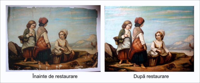 Restaurare tablou vechi „Fetițe cu coș de nuiele”, pictură în ulei pe carton, înainte și după restaurare
