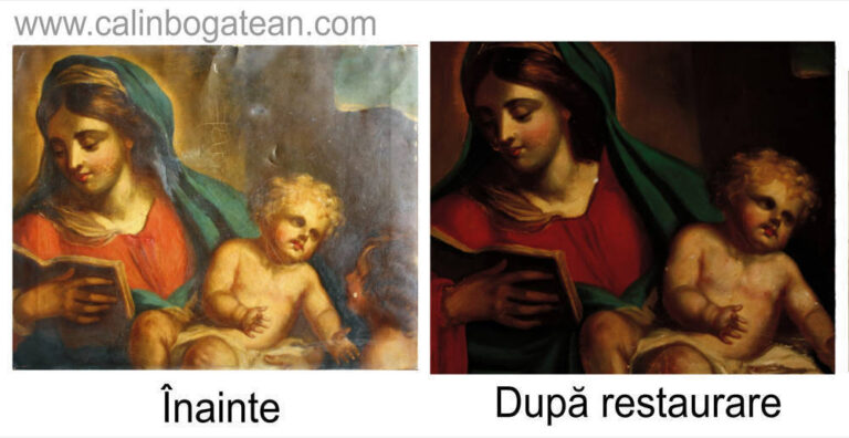 Restaurare tablou Madona cu pruncul pictură realistă comparată