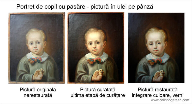 Restaurare tablou  Portret de copil cu pasăre în mână