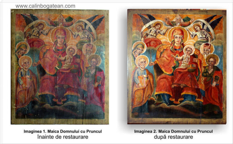 Restaurare  icoană Maica Domnului cu Pruncul înconjurată de sfinți