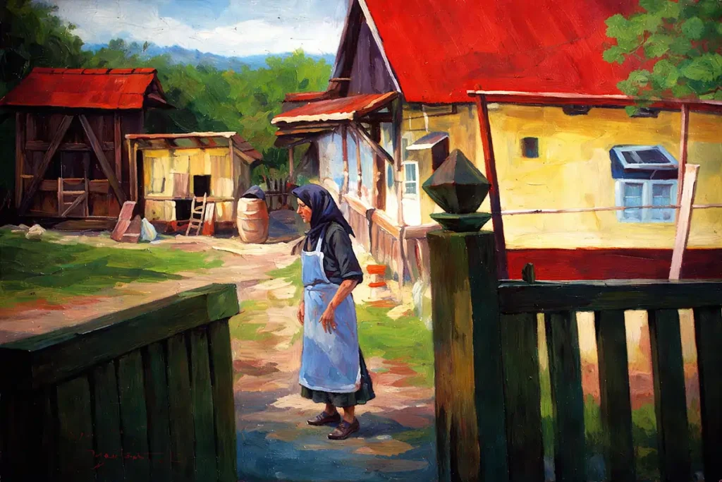 Portret feminin în vârstă într-un cadru rural, pictură figurativă contemporană în ulei pe pânză de Călin Bogătean