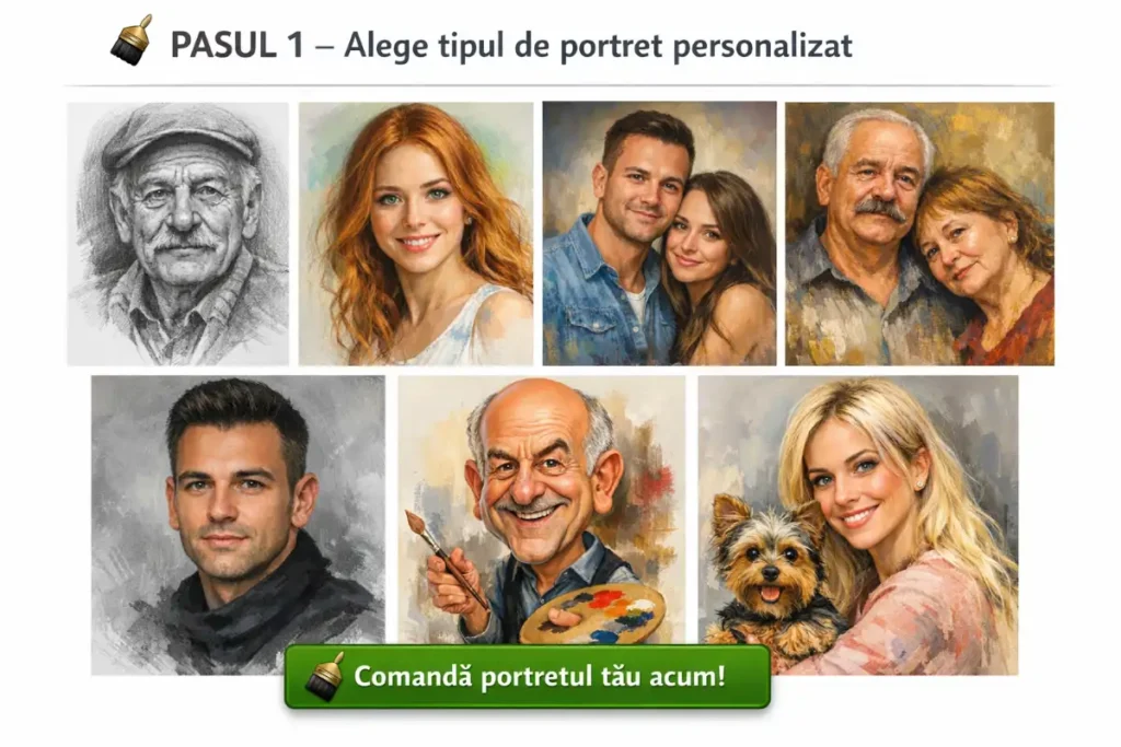 Colaj cu portrete personalizate: portret în creion alb-negru, portret digital color, portret în ulei pe pânză, caricatură cu animal de companie – exemplu de portret la comandă realizat după fotografie. Colaj cu portrete personalizate: portret în creion alb-negru, portret digital color, portret în ulei pe pânză, caricatură cu animal de companie – exemplu de portret la comandă realizat după fotografie.