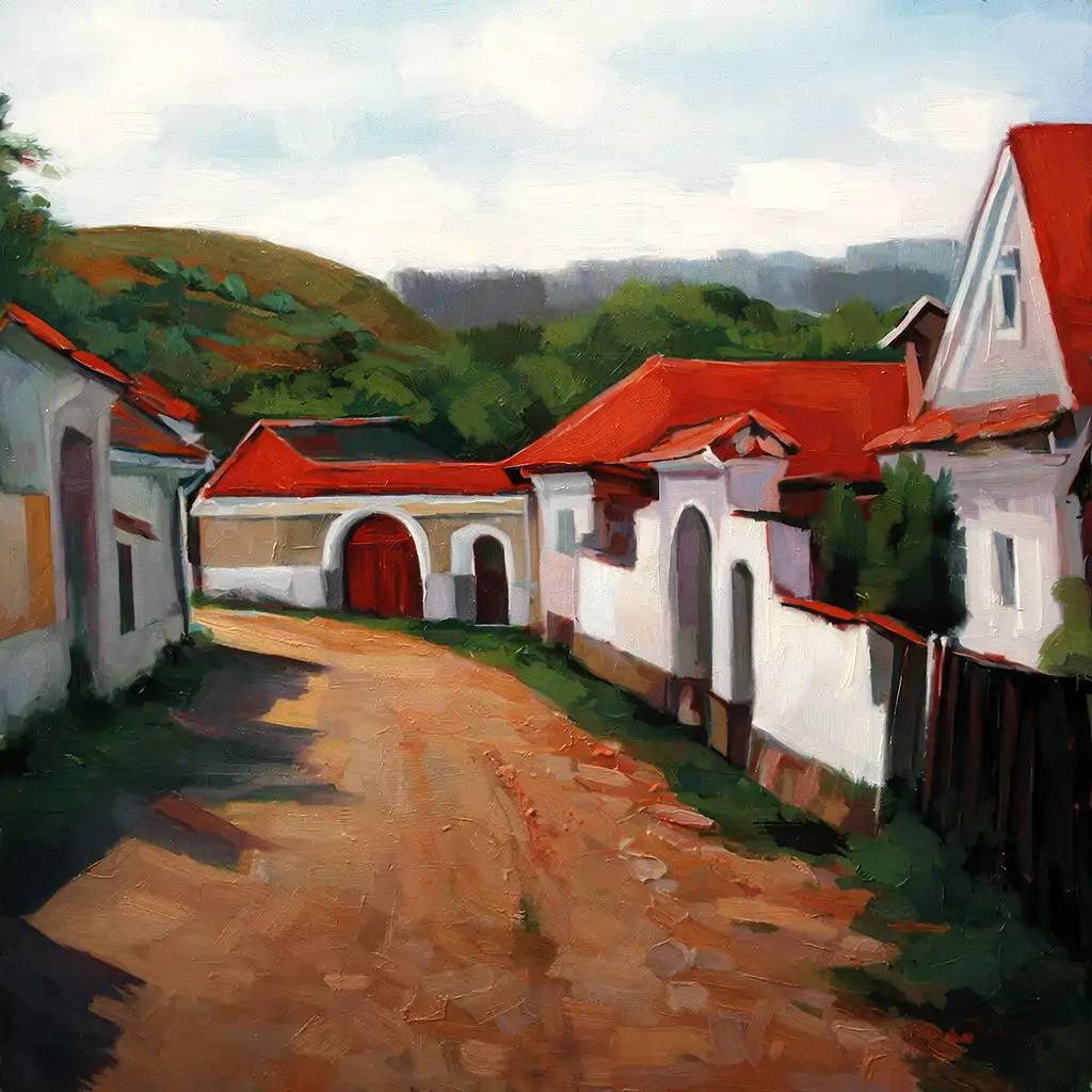 Case tradiționale din Atia, zona Sovata, pictură figurativă contemporană în ulei pe pânză de Călin Bogătean