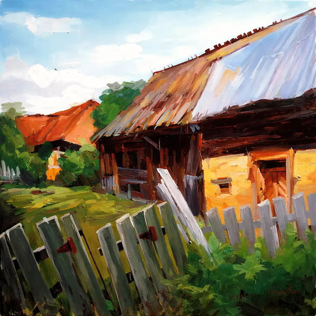 Curte rurală părăsită din Mureș, pictură figurativă contemporană în ulei pe pânză de Călin Bogătean