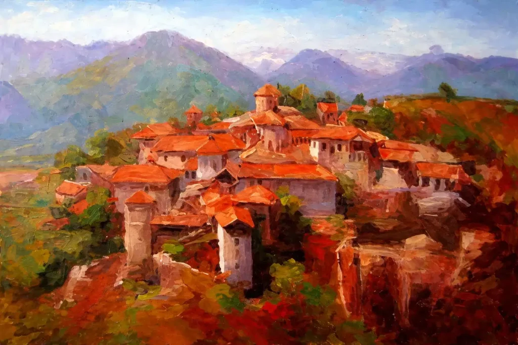 Peisaj montan inspirat de Meteora, Grecia, pictură contemporană în ulei pe pânză de Călin Bogătean