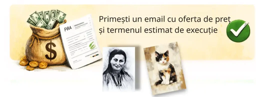 Client primind oferta și termenul de execuție pentru portretul personalizat realizat de Călin Bogătean