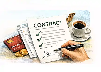 Client semnând contractul pentru portretul personalizat realizat de Călin Bogătean