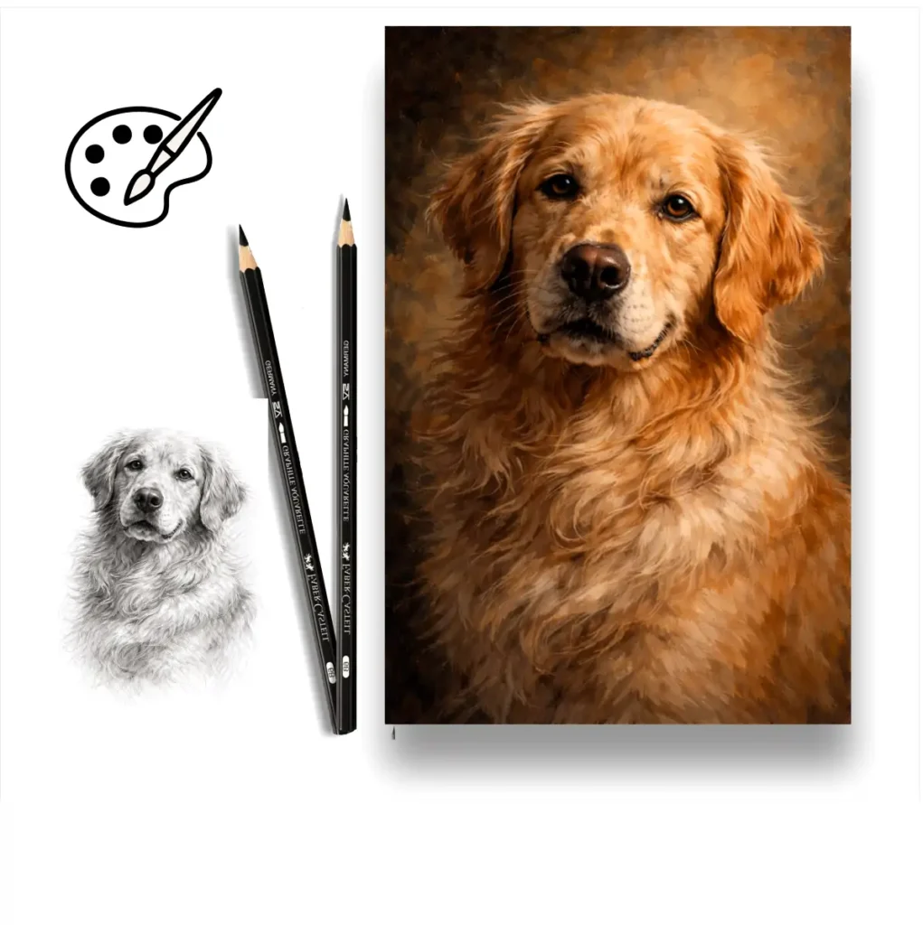 Portrete personalizate de câini, realizate manual în creion sau pictură în ulei, cu atenție la fiecare detaliu. Portret realist de câine realizat în creion și ulei, surprinzând expresia și detaliile blănii