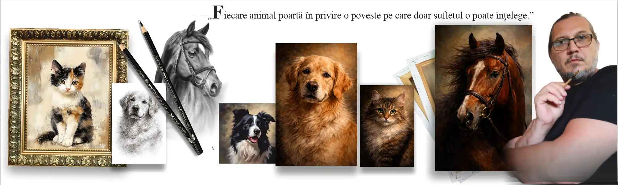 Portrete realiste de animale – cai, câini și pisici – realizate manual în stil artistic