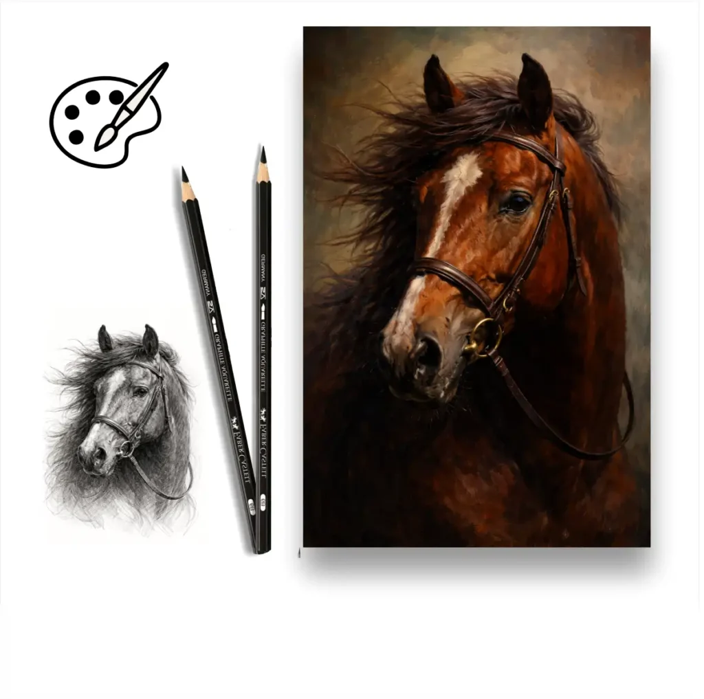 Portrete de cai realizate manual în ulei pe pânză și creion după fotografie Portrete de cai realizate manual în ulei pe pânză și creion după fotografie