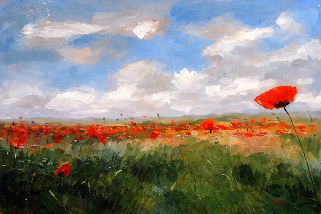 Peisaj cu maci înfloriți, pictură contemporană în ulei pe pânză de Călin Bogătean