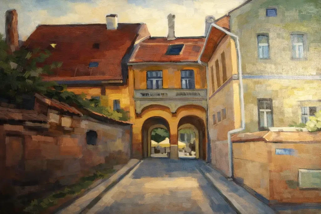 Poarta Dogarilor din Sighișoara reprezentată în pictură contemporană în ulei pe pânză de Călin Bogătean Poarta Dogarilor din Sighișoara reprezentată în pictură contemporană în ulei pe pânză de Călin Bogătean Peisaj urban pictat în ulei pe pânză – tablou original cu arhitectură