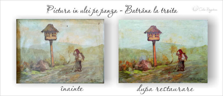 RESTAURARE tablou peisaj  cu bătrână la troiță