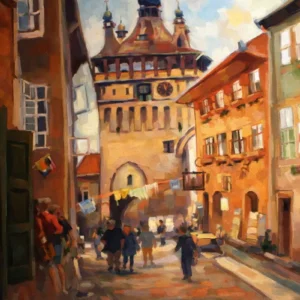 Cetatea Sighișoara cu turn medieval, pictură originală în ulei pe pânză realizată de Călin Bogătean, 2016