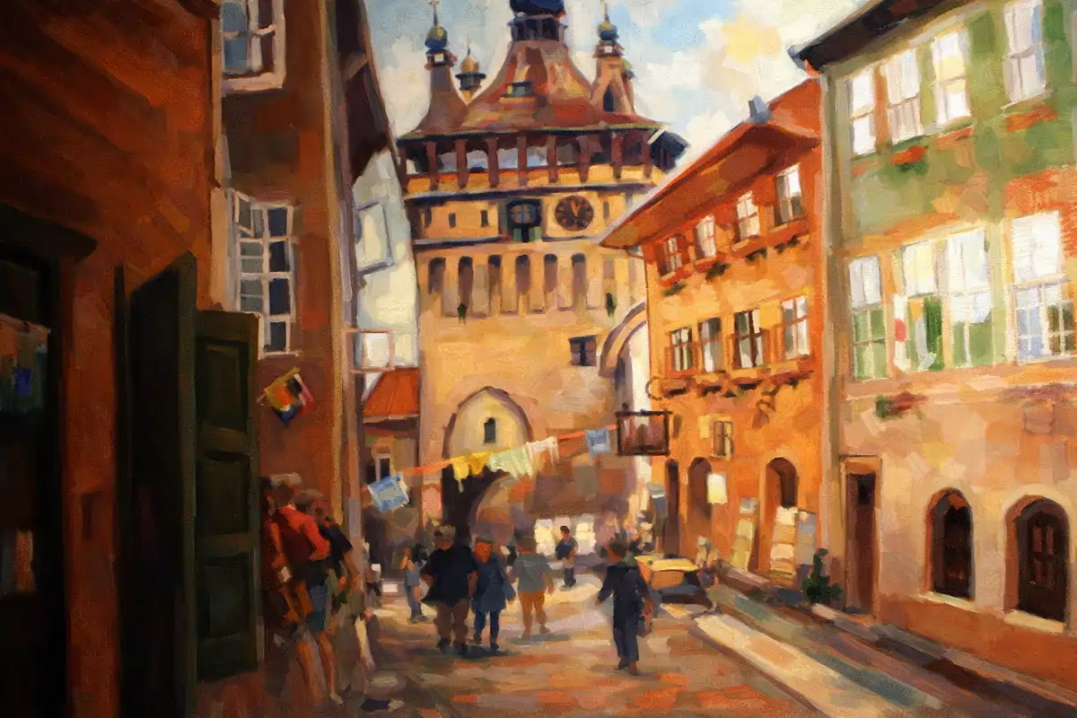 Cetatea Sighișoara cu turn medieval, pictură originală în ulei pe pânză realizată de Călin Bogătean, 2016