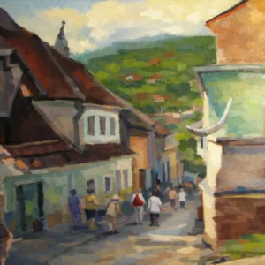 Stradă din Cetatea Sighișoara, pictură originală în ulei pe pânză realizată de Călin Bogătean, 2016