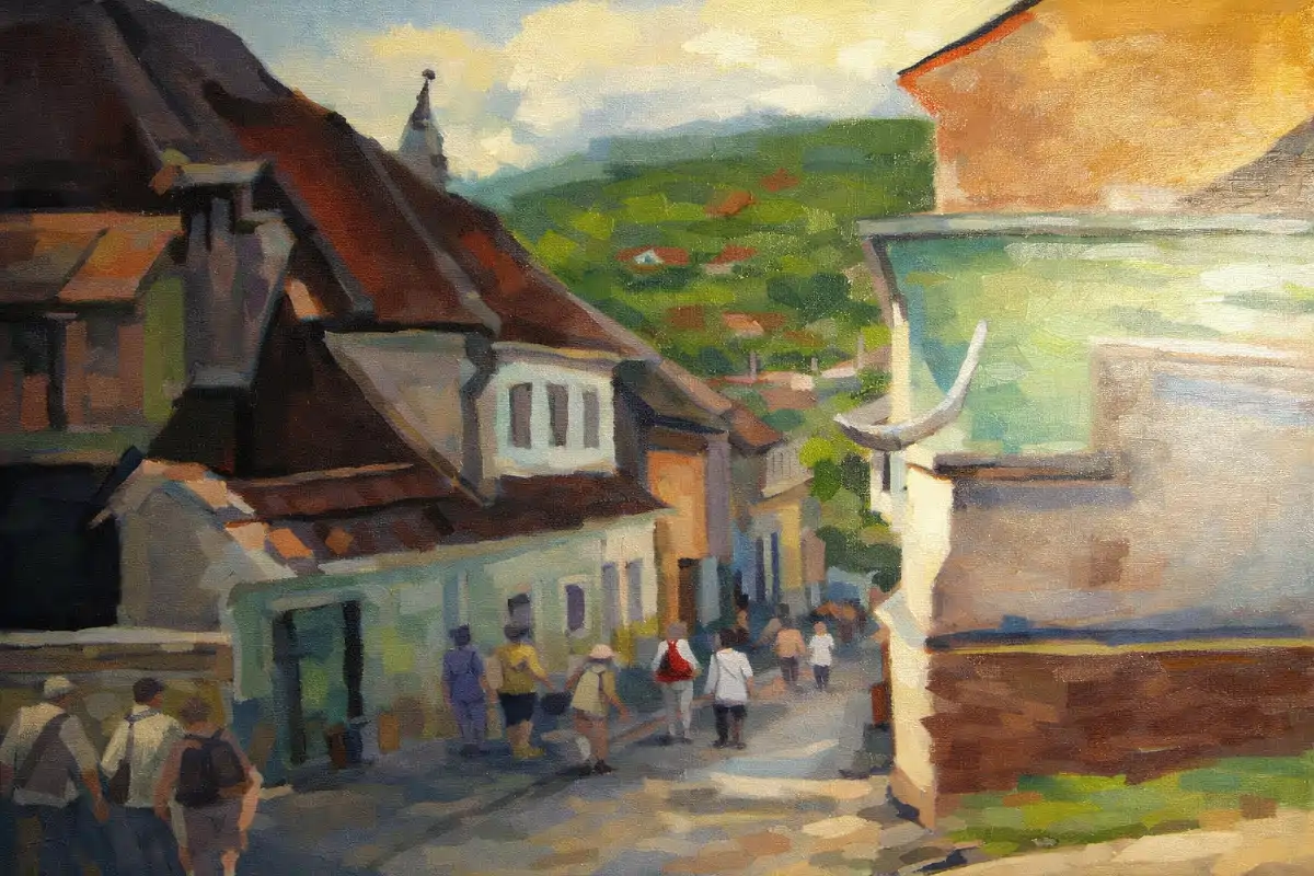 Stradă din Cetatea Sighișoara, pictură originală în ulei pe pânză realizată de Călin Bogătean, 2016