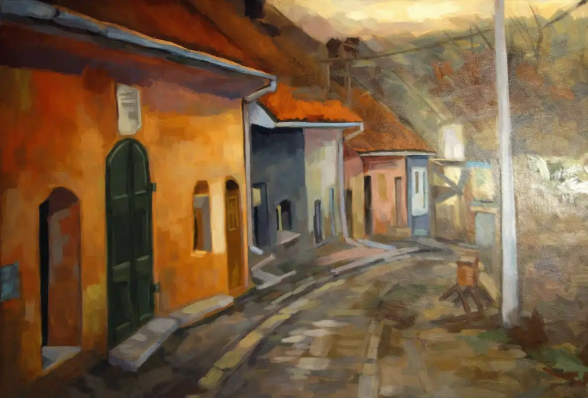 Stradă pietruită din Cetatea Sighișoara, pictură originală în ulei pe pânză realizată de Călin Bogătean, 2016 Stradă pietruită din Cetatea Sighișoara, pictură originală în ulei pe pânză realizată de Călin Bogătean, 2016