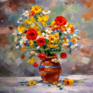 Flori de vară în vas de lut, natură statică în ulei pe pânză, 2017