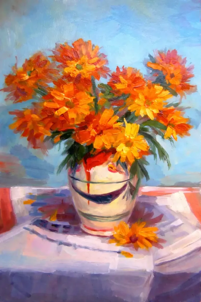 Flori portocalii în vas de lut, natură statică în ulei pe pânză, 2018