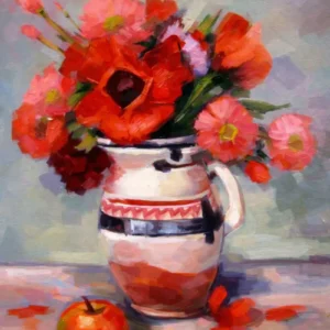 Maci și garofițe în cană de lut, natură statică în ulei pe pânză, 2018