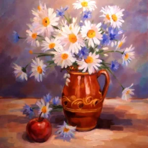 Margarete în vas de lut, natură statică în ulei pe pânză, 2015