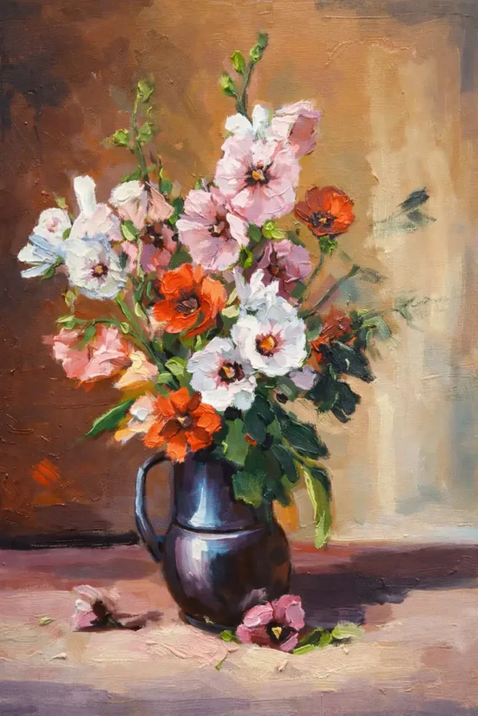 Nalbă de grădină în vas de lut, natură statică în ulei pe pânză, 2020Nalbă de grădină în vas de lut, natură statică în ulei pe pânză, 2020