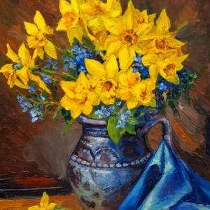 Tablou cu narcise în vas de lut – pictură în ulei pe pânză, natură statică