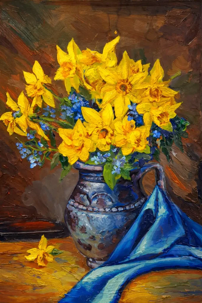 Tablou cu narcise în vas de lut – pictură în ulei pe pânză, natură statică