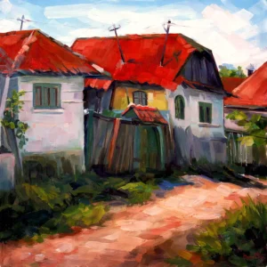 Uliță din satul Athia, județul Mureș, pictură originală în ulei pe pânză realizată de Călin Bogătean, 2018