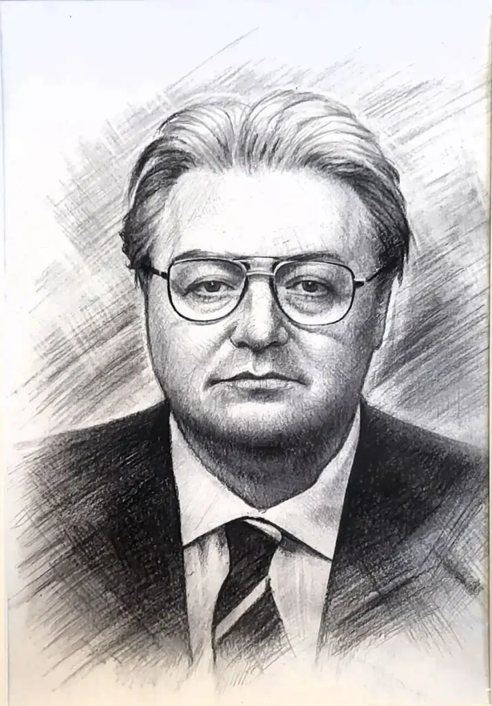 Portret bust cu mâini desenat în în creion și cărbune pe pânză realizat manual la comandă după fotografie