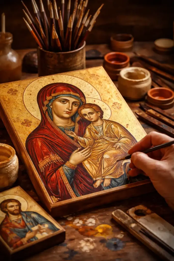 Icoană pe lemn pictată manual, realizată la comandă în atelierul artistului