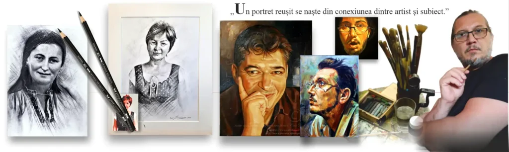 Portret personalizat realizat manual în ulei și creion de Călin Bogătean Blog