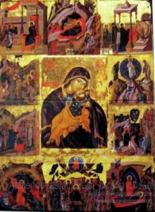 Portret pictat manual în ulei pe pânză – portret personalizat Icoană împărătească pe lemn reprezentând pe Maica Domnului, pictură în tempera în manieră bizantină